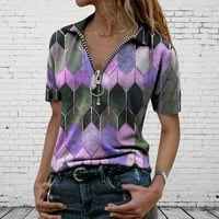 Ženski vrhovi kratki rukav casual polovina zip grafičkih otisaka Žene TEE V-izrez Loose ljetni bluze ljubičasti s