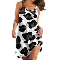 Žene ljetne haljine krava print zastrepljene okrugle vrata bez rukava bez rukava bez rukava
