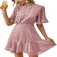 Aturuste ženska haljina kratka rukava s kratkim rukavima, čvrsta boja polka dot uzorak čipkasti sjaj u šupljim manžetim rubama