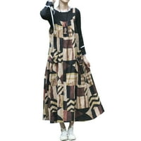 Tomshoo ženski narodni stil tiskani pamuk i posteljina ukupna haljina casual labav ovratnik dužina gležnja sa džepovima Kava Jedna veličina