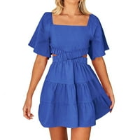 Ljeto Novo puno boje kvadratnog ovratnika šuplje leđa zatamnjene temperamentne haljine ženske ležerne haljine plave l