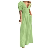 Novi zeleni ženski modni bubble rukav V-izrez čvrste boje zatvorene struke široke noge hlače labavi kombinezon