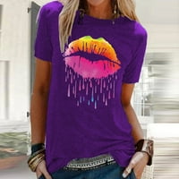 T majice za žene Modne žene Šarene usne Ispis kratkih rukava O-izret Casual majica Bluze za majice Vrhovi ženskih majica Purple + XL