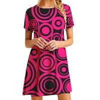 Haljina s dugim rukavima za žene Formalno ženski modni print casual kratkih rukava O-izrez Labavi haljine koljena vruće ružičaste s
