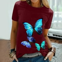 TKLpehg Ženska tunika TOPS Crewneck Holini za odmor za žene Leisure Short rukava Trendy Odeća Comfy Butterfly tiskani grafički vrhovi Tee Summer Loose Bluuse Wine XL