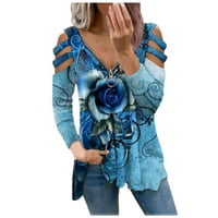 Žene ljetne vrhove Peplum cvjetni dugi rukav povremeni ženska majica V-izrez nebo plava l