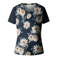 Scyoekwg majica s kratkim rukavima za žene cvjetni print casual ljetne grafike Comfy V-izrez Tunic The Trendy Laoba bluza Navy XL