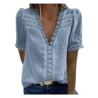 Moonker Womens Majice za žene rukav V-izrez Čvrsta boja majica TOP čipka kratka plava