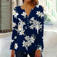HHEI_K gumb dolje majice za žene print tunički vrhovi Dressy Casual Bell dugih rukava V izrez