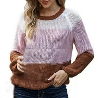 Ženski džemper - elegantni modni pleteni vrhovi za slobodno vrijeme TOP pad ramena dugih rukava šivanje boja pulover posade vrat ružičaste boje