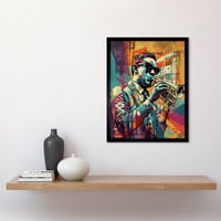 Trubački igrač jazz muzičar sa sunčanim naočalama Moderna boja Linocut Ispis Art Art Print Framed Poster Zidni dekor