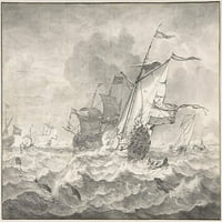 Trgovački brodovi i manji jedrilica u jakom povjetarcu, dupini u valovima za poster Ispis Hendrick Rietschoof