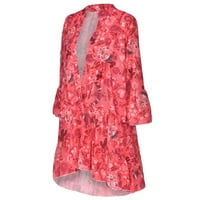 Wendunide haljine za žene ženske dame plus veličine labavog tiska dugih rukava V-ovratnik, mini haljina crvena