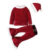 Qiylii Baby Girl Božić Santa Claus Outfits Velvet Fall Pulover + Flare Hlače + šešir + kaiš