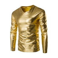 Muški metalik sjajni mokri izgled majica s dugim rukavima TOP Slim V izrez bluza sl l, srebrna, l