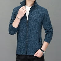 Muškarci zimski džemper-kaputi - dugi rukav topli ležerni patki pleteni džemper vrhovi gornje odjeće puni zip v izrez kardigan čvrsta jakna plava