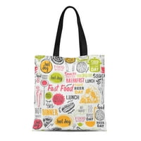 Platno tote torba Fastfood simboli uzorak smiješne prehrambene slova i etikete Trajna za višekratna