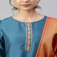 Janasya Indijanska ženska teal poli svila ukrašena kurta sa pant i Dupattom