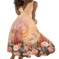 Luxplum ženske zabavne haljine cvjetni print ljeto plaža sandress bez rukava duga maxi haljina casual