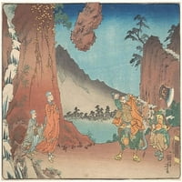 Život Nichirena: Rock suspendovana snagom molitvenog plakata Print Utagawa Kuniyoshi