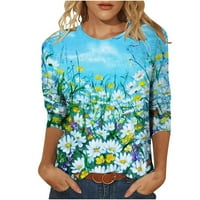 Žene Lengh rukave Summer Štednja cvjetni ispis posadnički blusi dame dame kauzal labavi vrhovi trendi udobnih grafičkih majica svijetlo plava