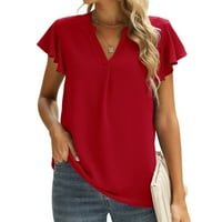 Aoksee ženska ljetna majica casual kratki rukav V-izrez Čvrsti povremeni labavi bluza Tuntic, crveni