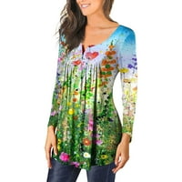 Popust Women Pleat Swings majice Ležerne prilike s dugim rukavima dole Flowy Henley majice Vintage cvjetna tunika Bluza za gajine zelene s