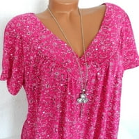 Cleance Ljetni vrhovi za žene Trendy V-izrez Casual Peplum Graphic Prints Ženska labava bluza kratkih rukava, Hot Pink, XL