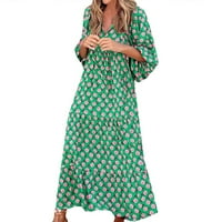 CACOMMARK PI Ljetna haljina za žene plus veličine Ženska rukava Ležerne prilike Maxi Boemska cvjetna V-izrez Dugi kratki rukav na plaži Sunderss dugim ljuljačka haljina zelena