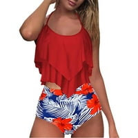 Bikarsell Womencunce Bikini setovi visokog struka Ruffle s dva kupa kupa kupa kupaći kostim cvjetni print bikini dno tankinis kupaći kostimi za plažu, stil 9, model # 18, crveni xl