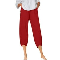 Atinetok obrezane pantalone za dame ženske casual capris hlače Ljeto casual elastične struine čvrste pamučne pamučne pantalone plus veličina labavo nepravilne ravne džepne hlače crvene m