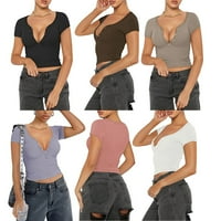 Ženske majice s kratkim rukavima Dugme V-izrez Zatvaranje Slim Fit Ljetni vrhovi