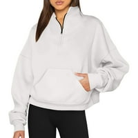 Duks za žene s dugim rukavima V Vrući izrez Čvrsti povremeni džepni pulover Blouze Bluza bijeli l