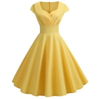IOPQO Ljetna haljina ženska modna casual v-veck kratki rukav čvrsta boja Duljina koljena Duljina kratkih rukava Maxi haljina Dužina koljena žuta