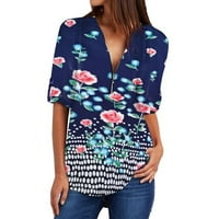 Ženske košulje Casual T majice V-izrez Dugi rukav Ispis Zip Loose Wise FITS TUNICH TOPS Bluze