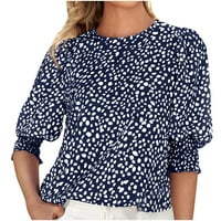 Ženska Boho Print Crew Crts Puff kratki rukav Šifon majica Ljetna casual labava fit bluza Navy Blue XL