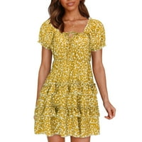 IOPQO Ljetna haljina Ženska ljetna nabora za rukav izrezu za rukav Mini haljina Sunderss Mini rukav mini haljina posada žuto