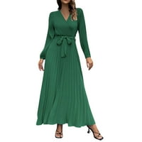 Wendunide haljine za žene jesen i zimsko žensko odijelo s dugim rukavima V vrat na planu linijske suknje u dugoj ležernoj suknji zeleno