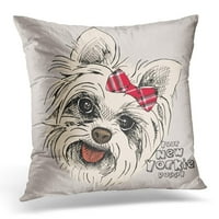Crni crtež portret psa Jorkširski terijer sa lukom crveni list jastučni jastučni jastuk