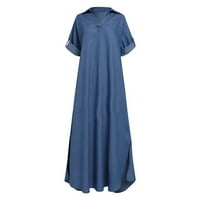 Žene Ljetne haljine Žene Ležerne prilike sa čvrstim traper haljinama V-izrez za kolut s rukavima, dugačka haljina, plava, xl