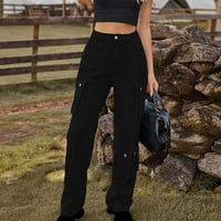 Jyeity ženske modne modne trendove, proljetni džepni gumb srednje strukske hlače za teške hlače za žene crne veličine l
