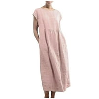 Ženska haljina ljetna casual čvrsta boja bez rukava O-izrez Karosevi džep pamučna posteljina haljina, ružičasta, xxl