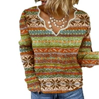 Ženske boemske džempere vrhovi pulover retro casual print V-izrez dugih rukava izvezene bluze za bluzu majice
