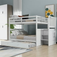 Potpuno preko punih kreveta na kat sa odraslima, borovovi u punom veličinu kreveta krevet drveni krevet s dvostrukim ladicama za odlaganje i skladišta, može se odvojiti u tri kreveta za jednu osobu, bijela