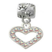 SilverTone AB Crystal Open Heart - šapa Print Charm perle
