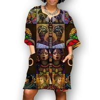 Maxi haljina za žene modni afrički vintage print srednji rukav V izrez casual mini haljina smeđa