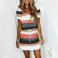 Ljetna mini haljina sa džepom za žene Rainbow Stripe Beach Holiday Boho kratki rukav Fit Scroop vrat