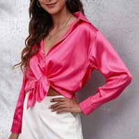 Ženska casual satenska svila svile dugih rukava dolje majica Formalna radna bluza TOP pad ramena pune boje vruće ružičaste xl