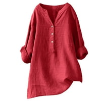 Cleance Ženske vrhove bluza Čvrsta duga rukava casual ženska haljina Henley Loose, Crvena, XXL