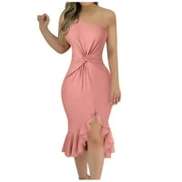 Ljetne haljine za žene Čvrsto koljeno duljine a-line bez rukava u obliku rukava ružičasta M